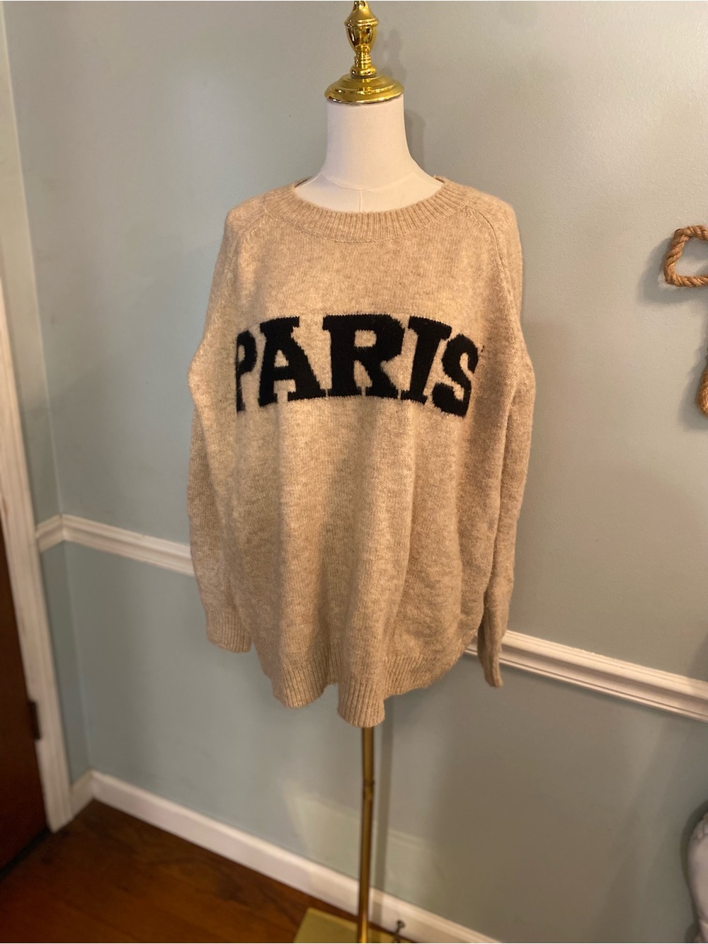 Impressions Beige Crewneck Sweater with Black PARIS Lettering